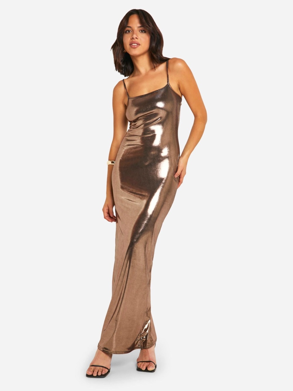 Boohoo Bronze Metallic Foil Strappy Maxi Dress Size 6